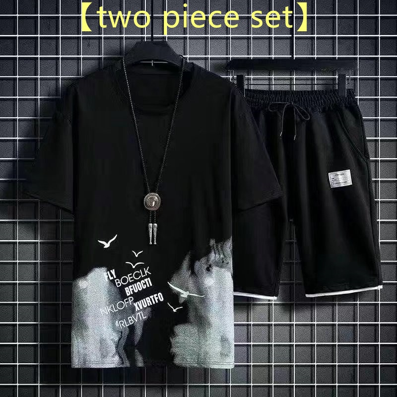 Set Đồ Thể Thao Hai Mảnh Gồm Áo Thun Cổ Tròn Dáng Rộng In Họa Tiết Thời Trang Mùa Hè Có Size Lớn + Quần Dành Cho Nam Giới【M-3XL)