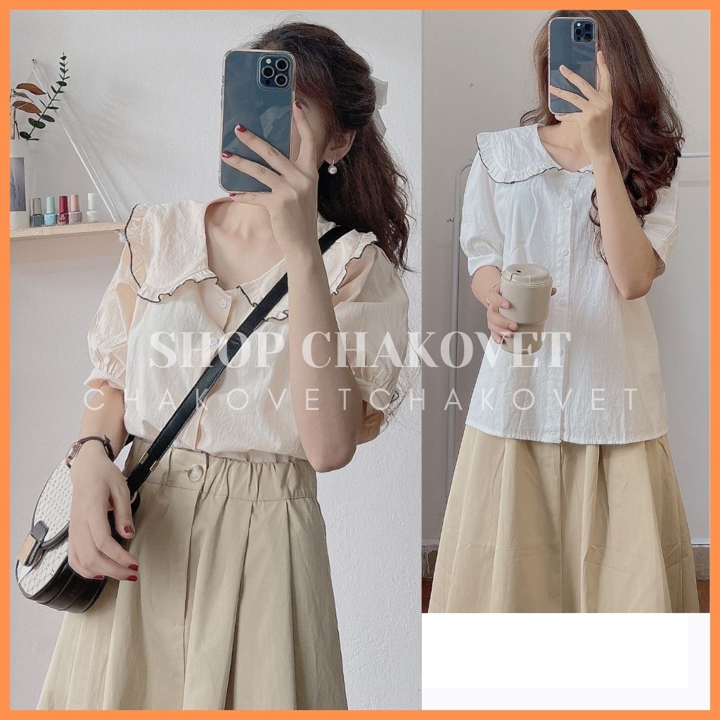 Áo kiểu nữ cổ bèo viền đen CKA836, kiểu sơ mi cổ tròn cộc tay cài cúc màu trắng be freesize mẫu mới mặc đẹp dáng xinh