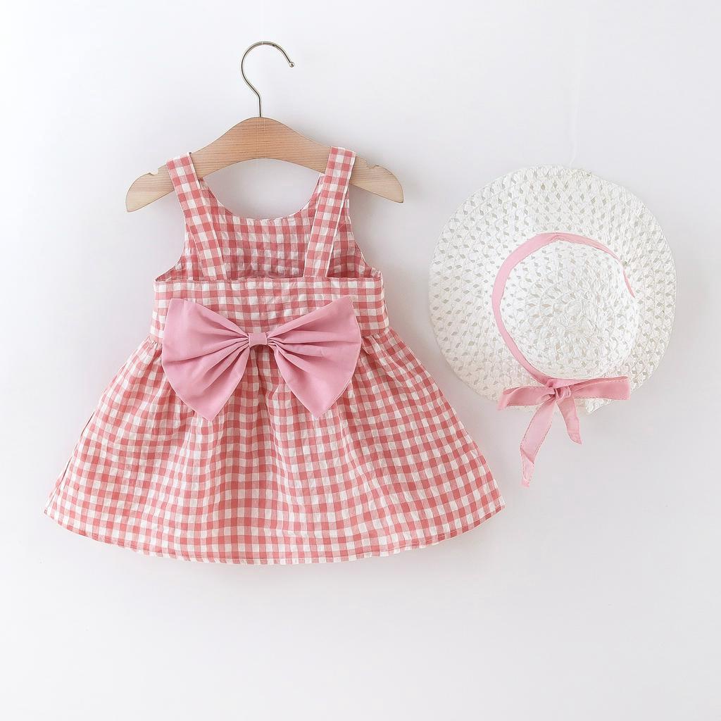 Đầm Công Chúa cotton Không Tay Đính Nơ Kẻ Sọc Caro Thời Trang Cho Bé Gái