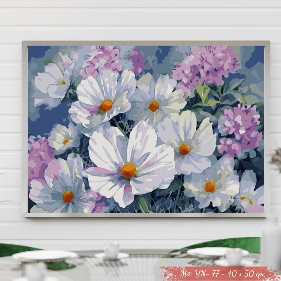 Combo 3 Tranh Số Hoá Tự Tô Màu Theo Số Mẫu  Hoa Cúc Chưa Căng Khung Kèm Màu Acrylic Kích Thước 40x50cm