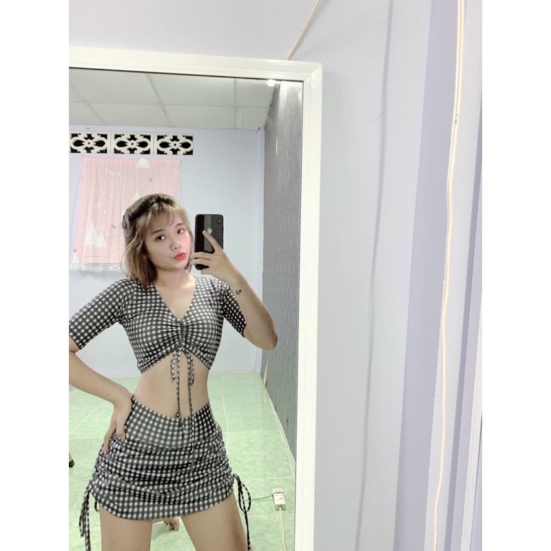 Bikini biển 2 mảnh ❤️ Siêu hót ❤️ Đồ bơi tay ngắn phối quần đùi váy nhún 2 bên | BigBuy360 - bigbuy360.vn