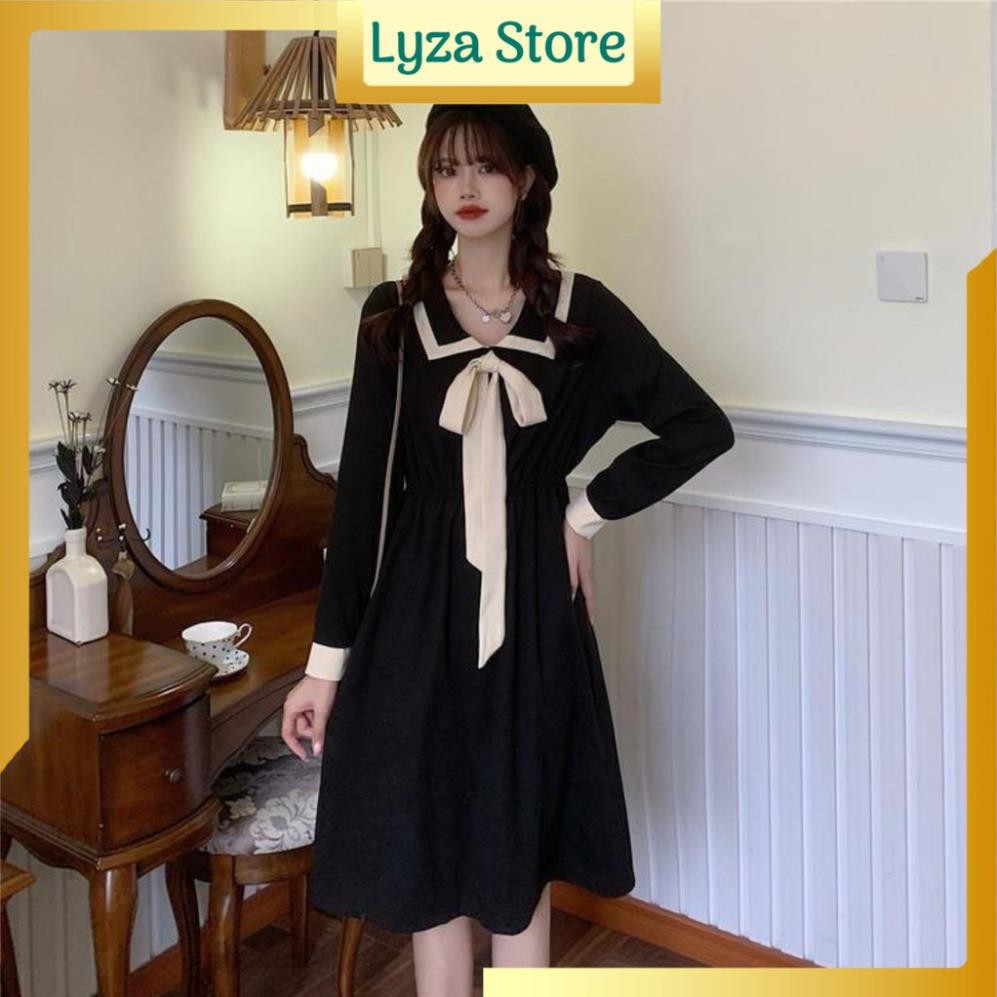 Váy babydoll nữ cổ bẻ phối nơ dáng suông vintage dưới 65kg - Lyza Store ❣️