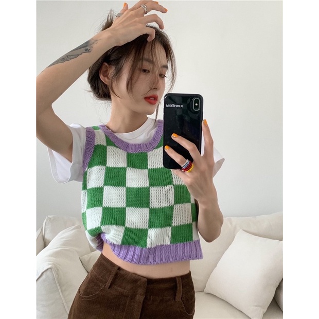 (Có sẵn) Áo Gile Croptop Kẻ Caro Phong Cách Năng Động | BigBuy360 - bigbuy360.vn