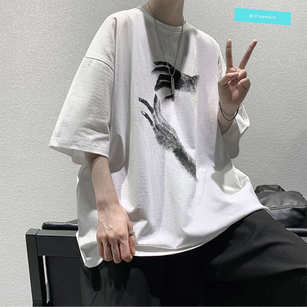 Áo thun Unisex tay lỡ form rộng in 2 bàn tay, áo phông Unisex cá tính vải cotton cao cấp 2 màu Trắng Đen JTeeMan - JT26