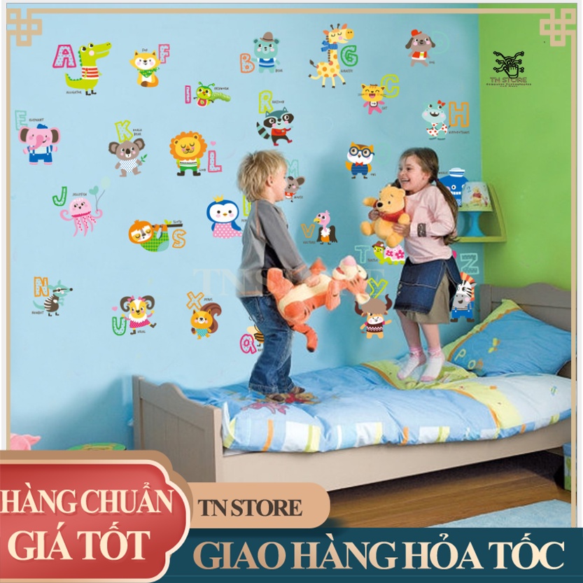 DECAL DÁN TƯỜNG BẢNG CHỮ CÁI CÓ HÌNH CON VẬT- HÌNH DÁN CON VẬT TIẾNG ANH CHO BÉ HỌC