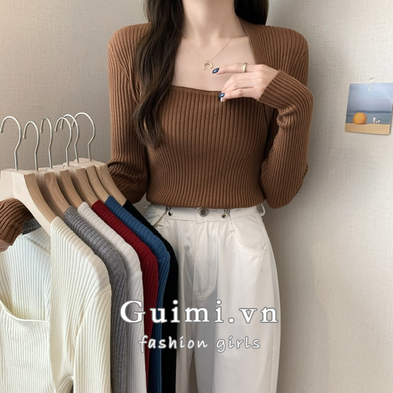 Áo Dệt Kim Mỏng Cổ Vuông Màu Đen Thời Trang Thu Đông Phong Cách Hàn Quốc Cho Nữ