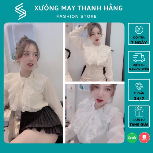 Áo sơ mi voan tiểu thư, Áo tơ óng 2 lớp cổ bèo cực xinh dễ phối đồ mặc đi làm, đi chơi