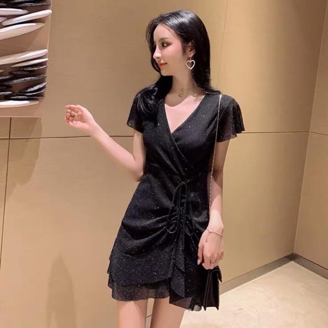 {order bigsize,40-100kg}Váy cổ V bling bling co dãn rút cv lệch