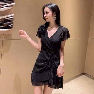 Váy cổ V bling bling co dãn rút cv lệch