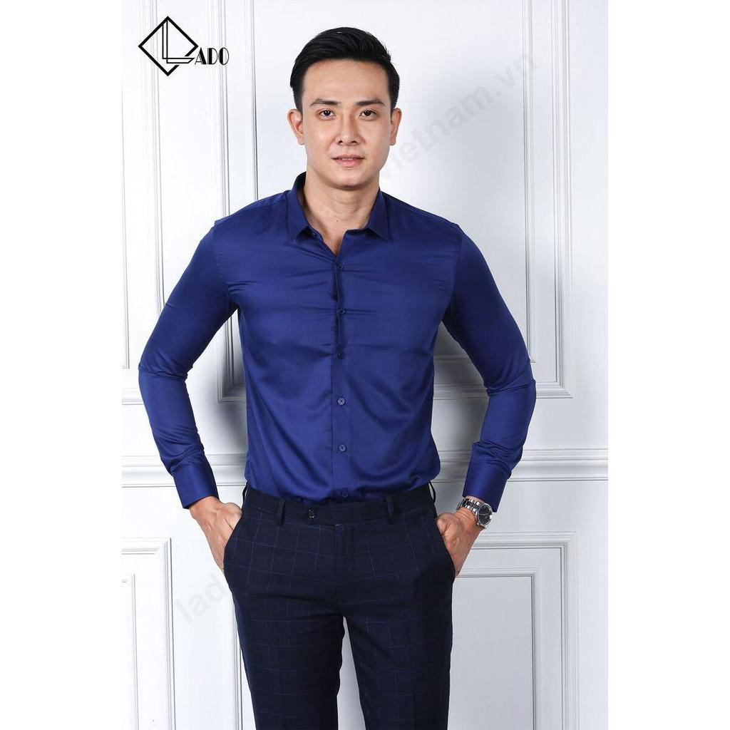 Áo sơ mi trơn màu xanh da trời dài tay không nhăn co dãn nhẹ LADO 978