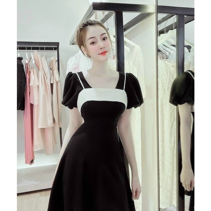 Đầm thời trang nữ mặc đi chơi chất nhung cao cấp tay ngắn cổ vuông phối viền trắng có mút ngực