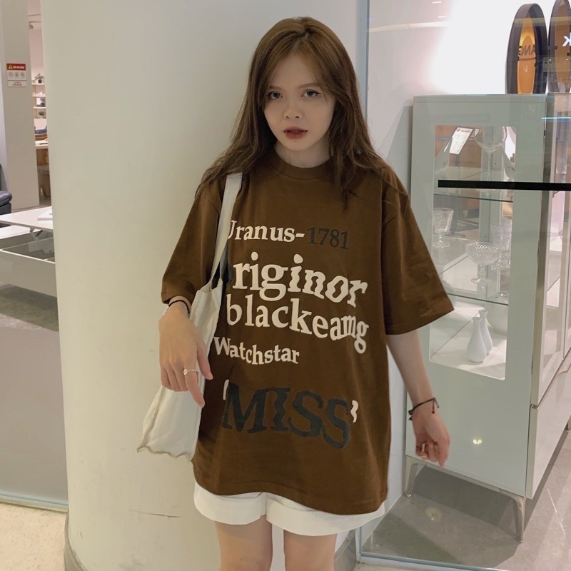 Áo Thun Tay Lỡ Unisex MISS 1781 màu NÂU  /Nam nữ unisex/ Áo phông cổ tròn form rộng