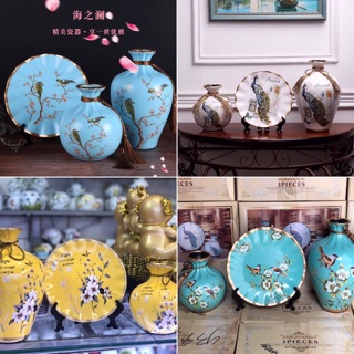 Set 3 bộ lọ và đĩa decor trang trí bằng gốm sứ kèm kệ kê đĩa