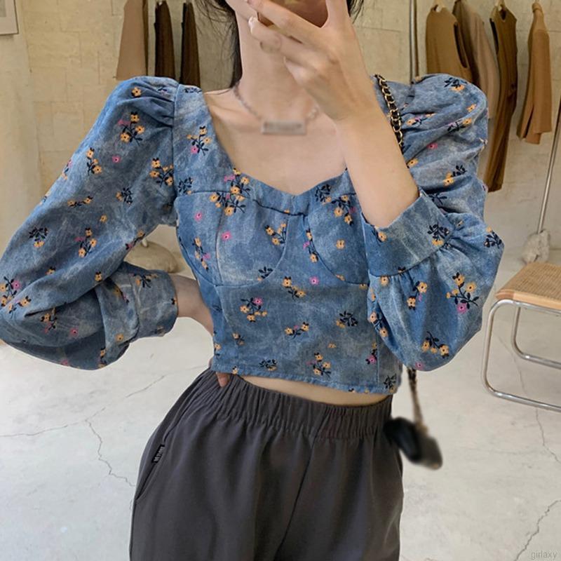 Áo kiểu tay dài cổ vuông họa tiết hoa phong cách retro Hàn Quốc xinh xắn thời trang cho nữ | BigBuy360 - bigbuy360.vn