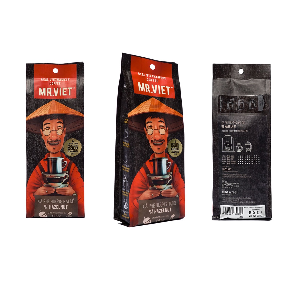 MR.VIET Cà Phê Hương Hạt Dẻ - Cà Phê Rang Xay Túi 250g (MR.VIET Hazelnut - Ground Coffee 250g Bag)