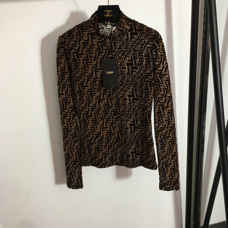 Áo nữ dài tay cổ cao chữ F logo thương hiệu thời trang Fendi FD cao cấp