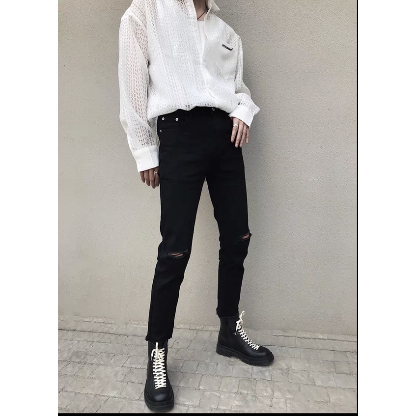 Quần jean nam màu đen rách gối vải bò co giãn from chuẩn