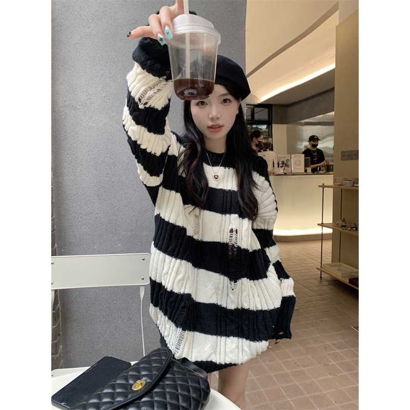Xiaozhainv Áo sweater Dệt Kim Cổ Tròn Dáng Rộng Kẻ Sọc Trắng Đen Thời Trang Mùa Thu Cho Nữ