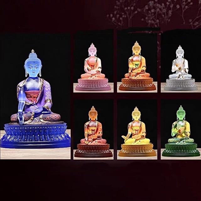 Bộ tượng Dược Sư 7 thế tay lưu ly dát vàng vẽ màu (17cm)