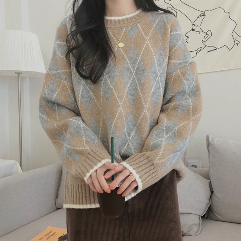 Áo sweater dệt kim cổ tròn dáng rộng dày dặn phong cách retro thời trang