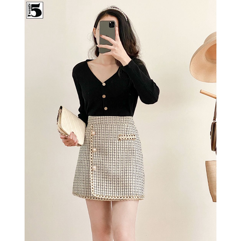 Chân váy dạ tweed Twentyfive chữ A form nhỏ vạt chéo viền kim tuyến lót quần 3894