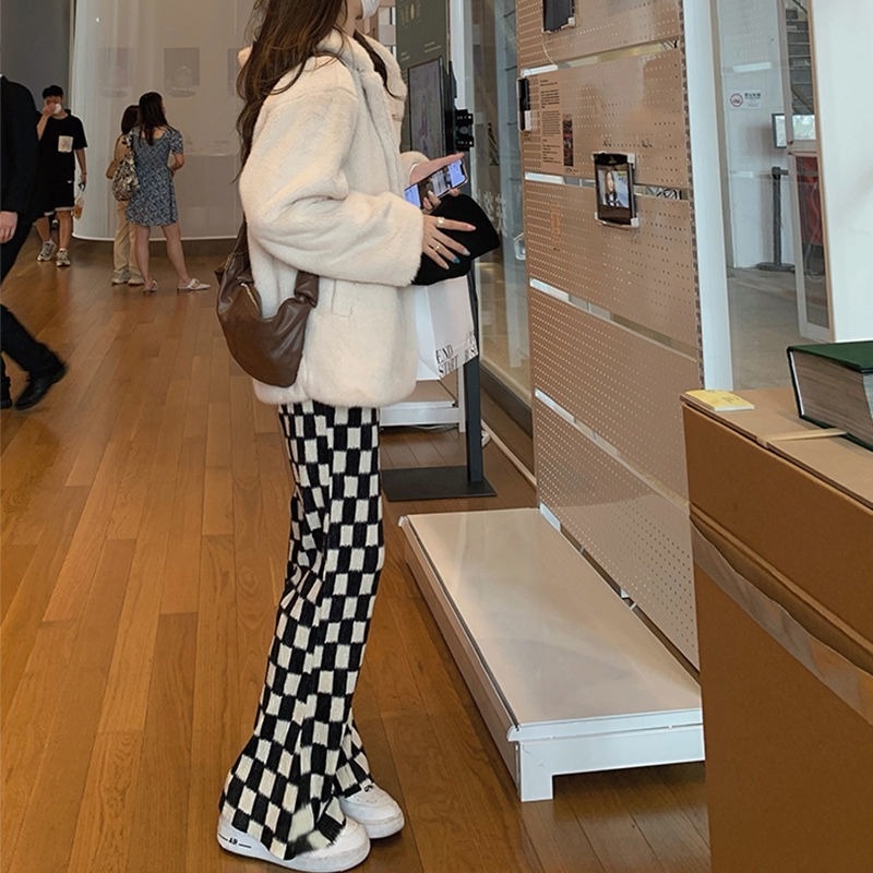 Quần ống rộng họa tiết ô vuông thời trang