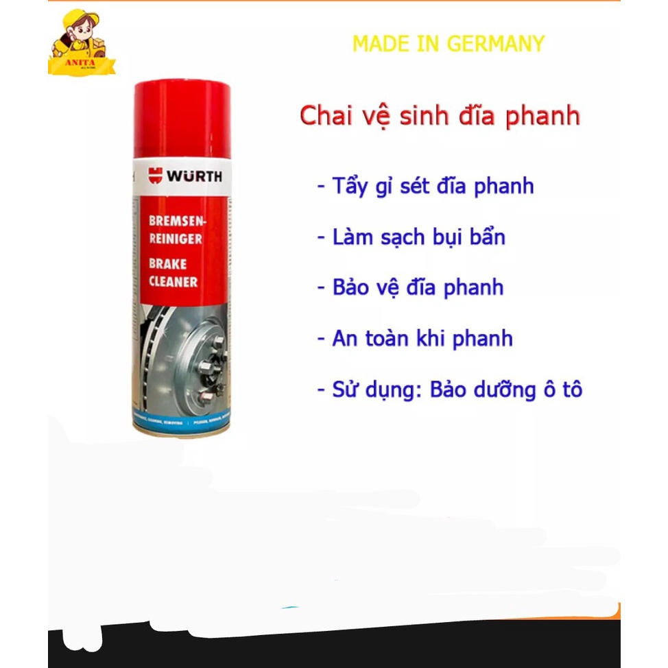 Vệ sinh thắng đĩa Wurth Brake Cleaner 500ml