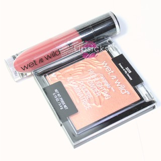 Phấn bắt sáng và son Wet n Wild (Megaglo Highlighting powder và son Megalast Give Me Mocha)