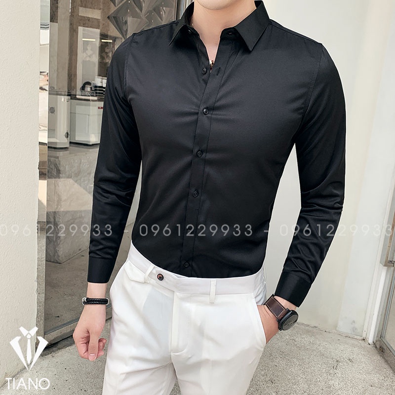 Áo sơ mi cao cấp - Chất vải nến dày dặn, co giãn nhẹ. 2 màu đen - trắng