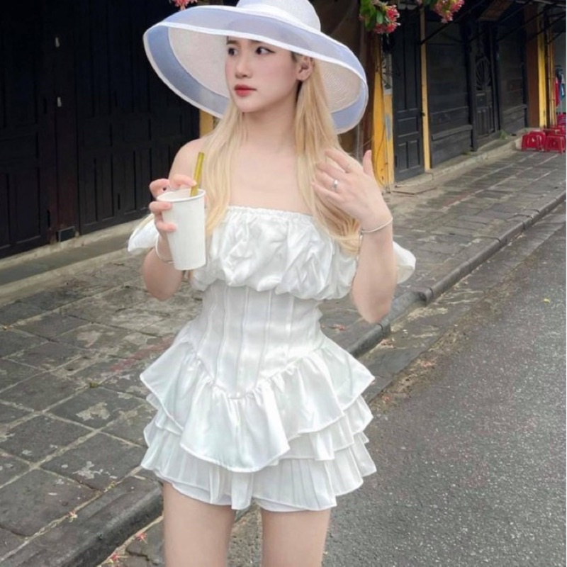 Áo Trễ Vai Thô Tay Phồng Xếp Ly Eo Thời Trang