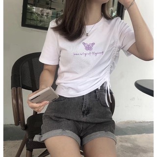 Áo thun croptop rút sườn thêu chữ