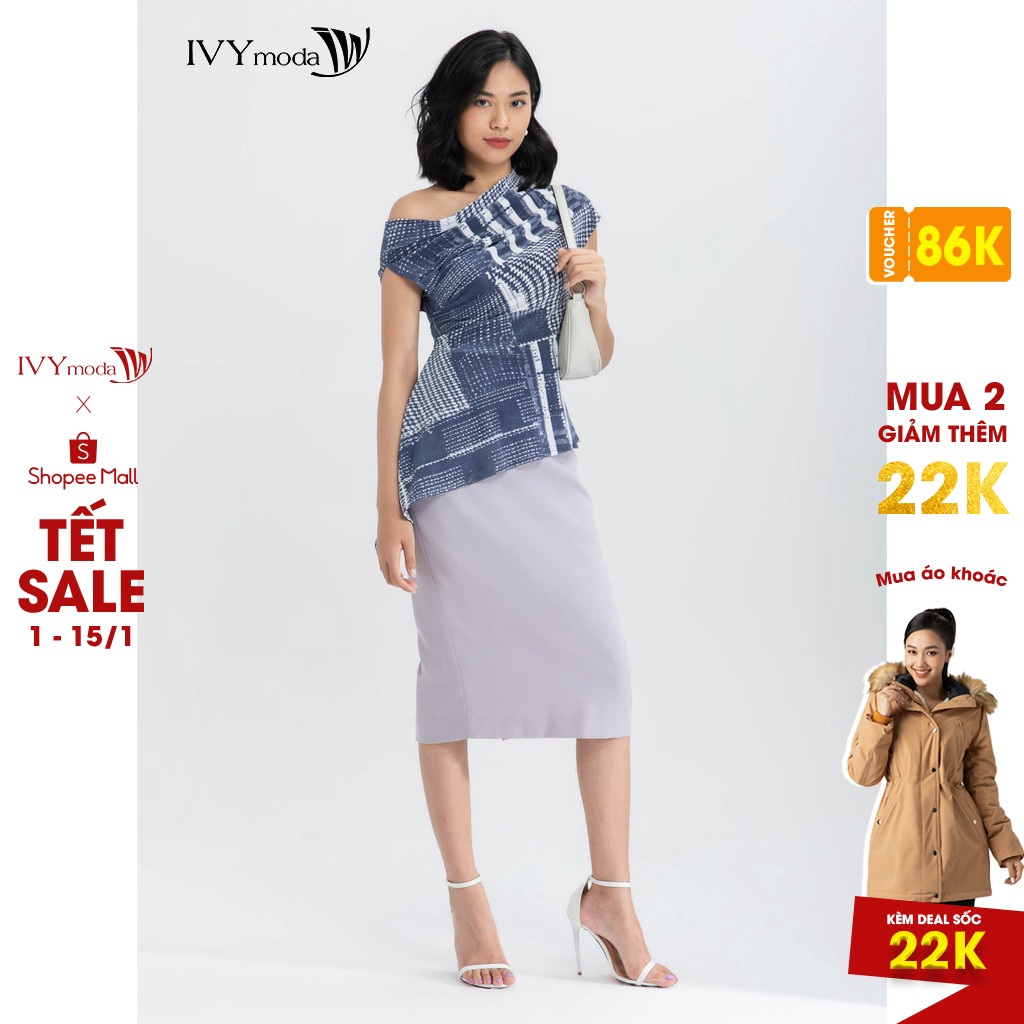 [NHẬP WABRTL5 GIẢM 10% TỐI ĐA 50K ĐH 250K ]Áo lệch vai họa tiết nữ IVY moda MS 16M6308