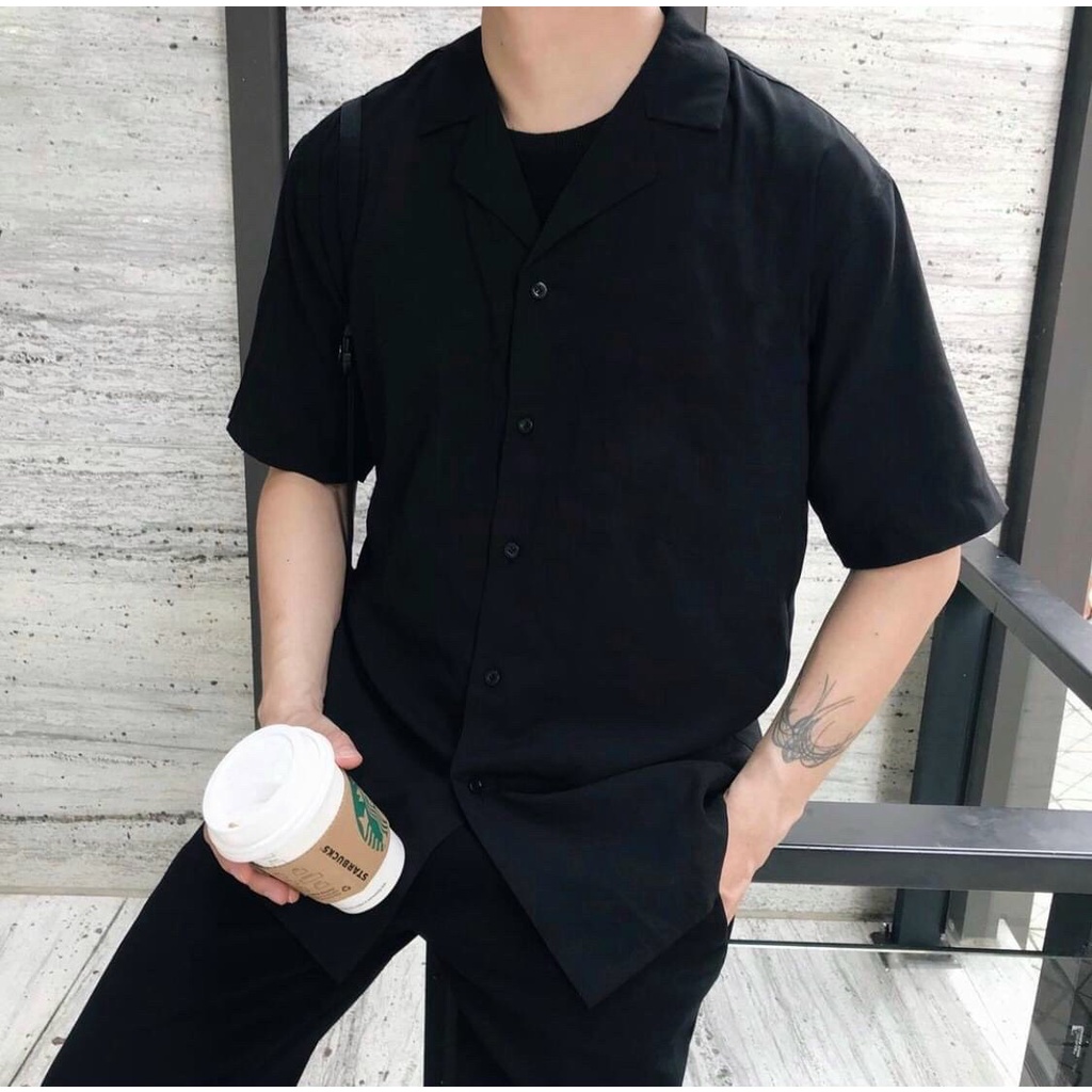 Áo Sơ Mi Nam Trắng Đen Tay Ngắn Cổ Bẻ ,Vải Kaki Cotton Mềm Mịn Co Giãn. Sơ Mi Đen Trắng SELECTED - Áo Sơ Mi Nam
