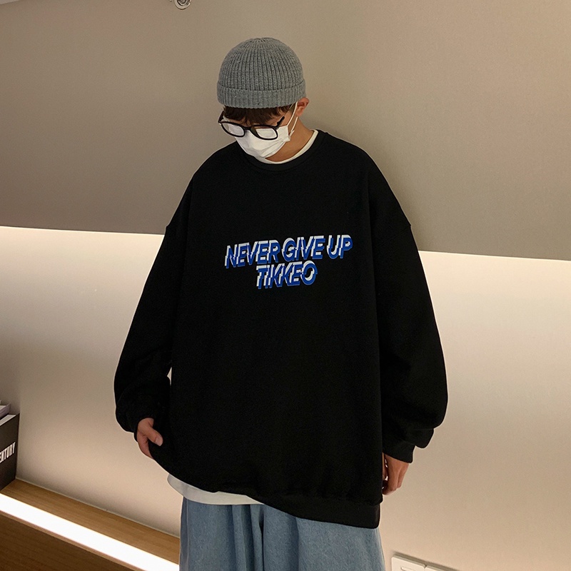 Áo Sweater cổ tròn lót nhung màu trơn in chữ thời trang cho nam Size M-5XL