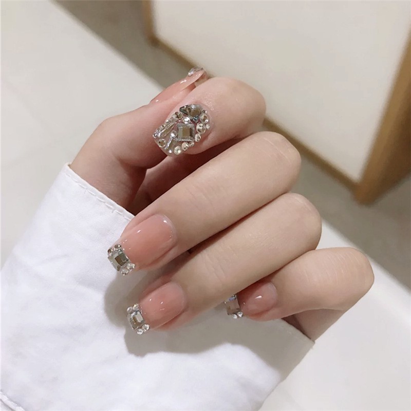 Bộ 24 móng tay giả Nail Nina trang trí nghệ thuật hoạ tiết hồng mix đá Jellystone mã Z-20【Tặng kèm dụng cụ lắp】