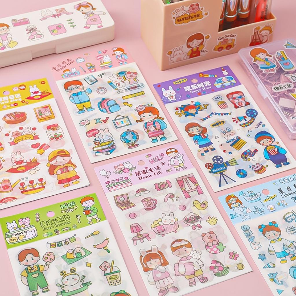 Hình Dán Sticker Cute Cho Bé EDUSKY Nhãn Dán Phút Giây Hạnh Phúc Set 4 Tấm Trang Trí Hộp Bút Sổ Tay Bàn Làm Việc Học Tập