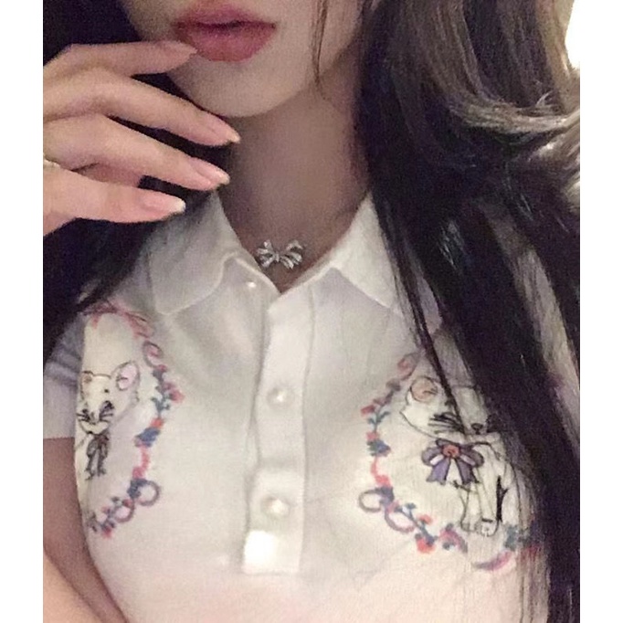 Áo Sweater Dệt Kim Ngắn Tay Cổ Polo Thêu Hình Mèo Đáng Yêu Thời Trang Mùa Hè Cho Nữ