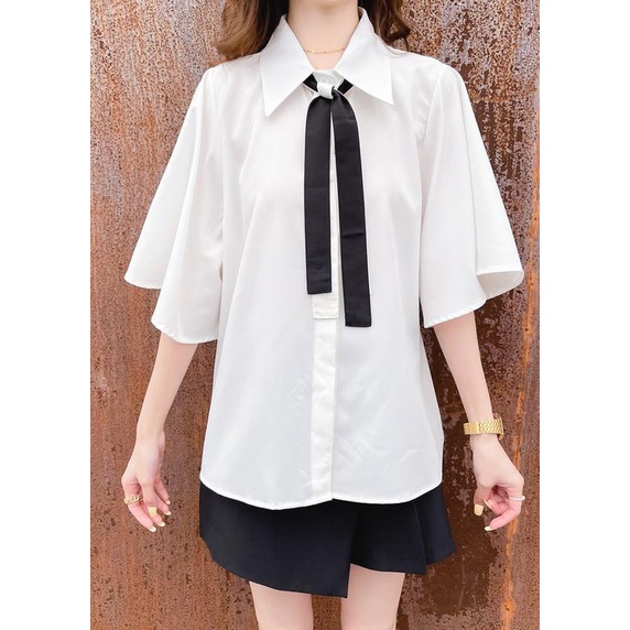 Áo Sơ Mi Trắng Tay Ngắn Phối Cà Vạt Thời Trang Mùa Hè 2022 Cho Nữ