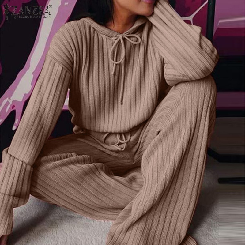 Set áo hoodie ZANZEA dài tay có mũ trùm đầu và quần phối dây rút lưng cao màu sắc đơn giản phong cách thể thao cho nữ