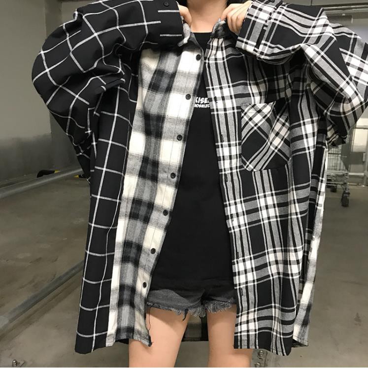 (Có video) Áo khoác POLO sơ mi - Jacket ulzzang oversize unisex Hàn - Áo kẻ caro ulzzang phối màu đen trắng