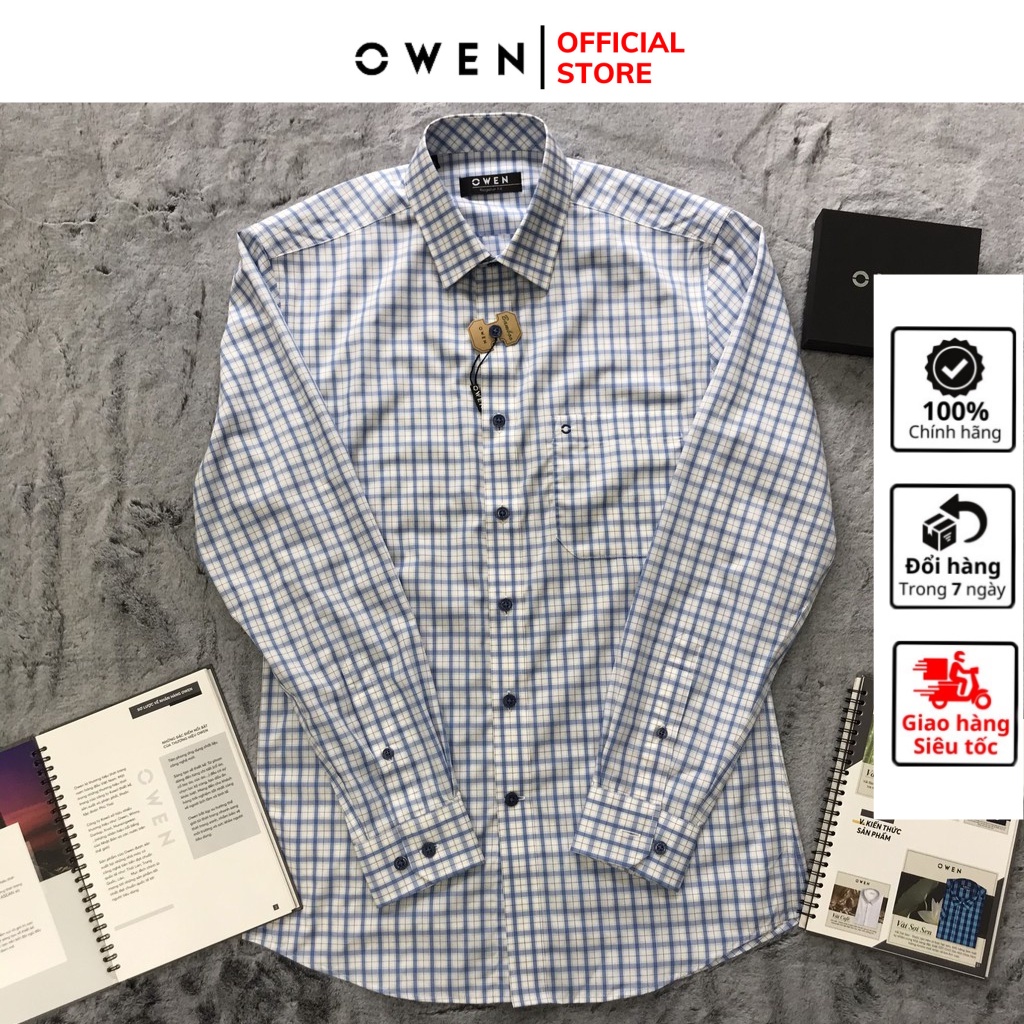 Áo sơ mi nam dài tay OWEN AR22245DT somi công sở vải sợi tre cao cấp màu kẻ caro xanh trắng dáng suông tà lượn có túi