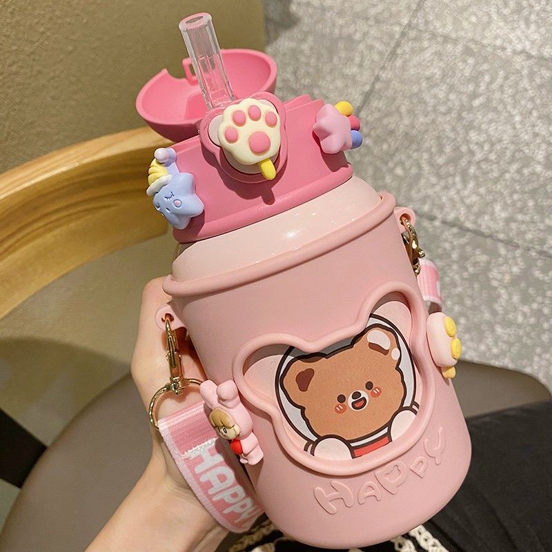 Bình Nước Bằng Thép Không Gỉ 316 Kèm Ống Hút Dễ Thương Tiện Dụng Cho Bé