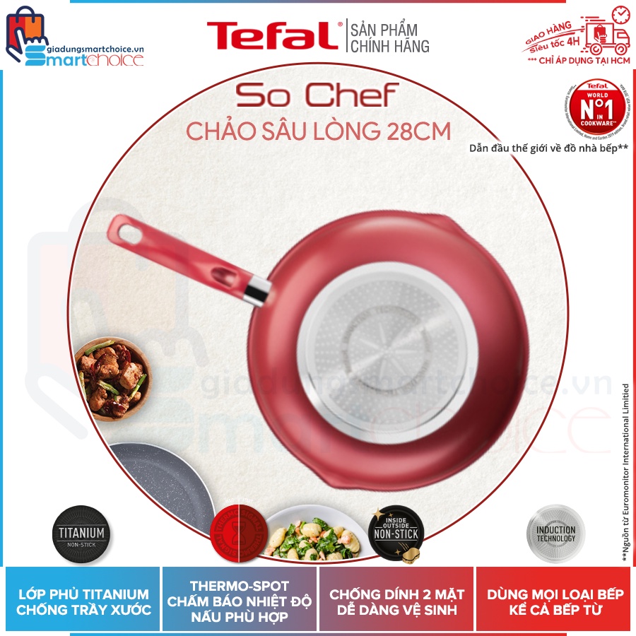 Chảo chiên sâu lòng Tefal So Chef 24cm G1358496, 28cm G1358696, Chống dính TITANIUM, Chấm đỏ báo nhiệt, đáy từ