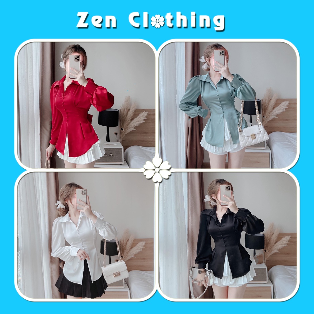 Áo sơ mi nữ tay bồng tiểu thư cúc bọc thắt nơ lưng áo sơ mi kiểu tôn dáng Zen Clothing Zen062
