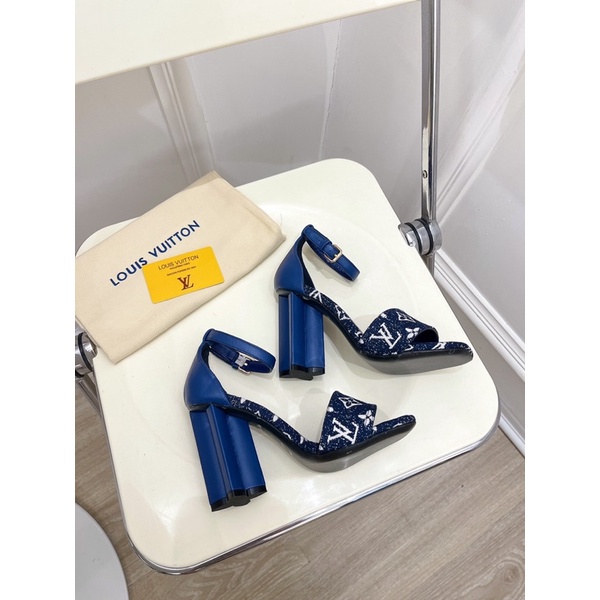 Sandal cao gót mũi vuông gót 10p da thật cao cấp thương hiệu Louis Vuitton LV