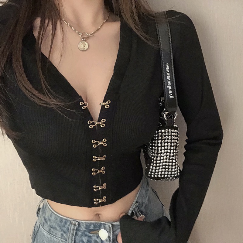 Cocory vn Áo croptop dệt kim tay dài cổ chữ V dáng ôm phong cách retro quyến rũ dành cho nữ