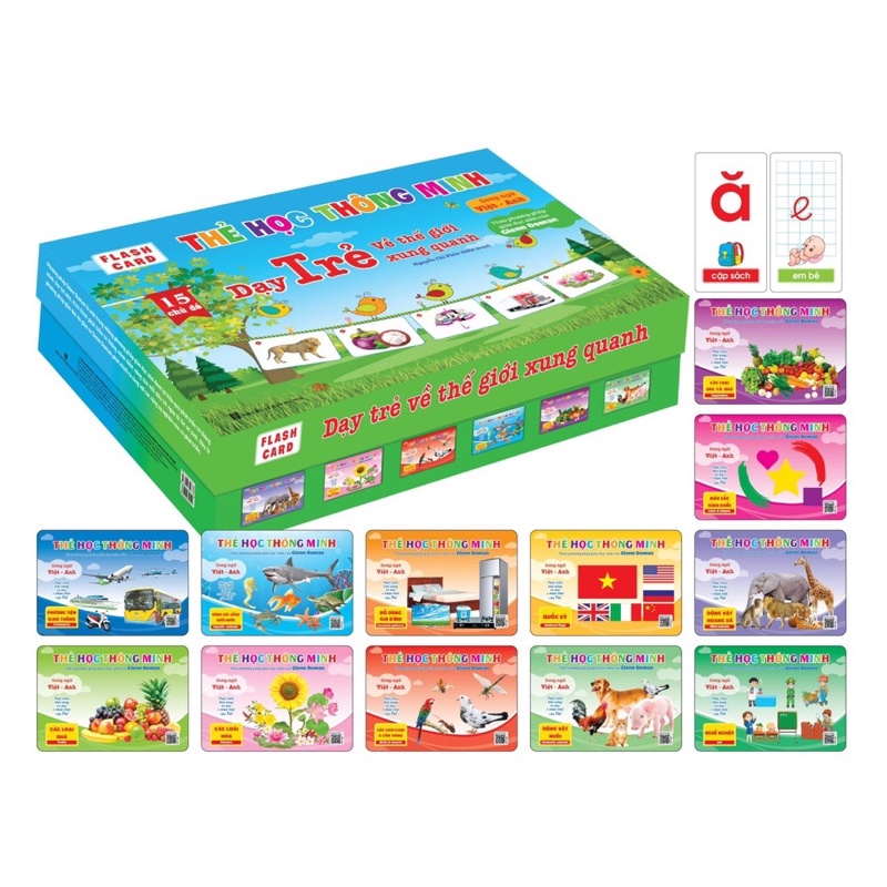 Bộ thẻ học thông minh flashcard 15 chủ đề song ngữ bộ thẻ GlennDoman dạy bé nhận biết cho bé từ 0-6 tuổi Binkids T05