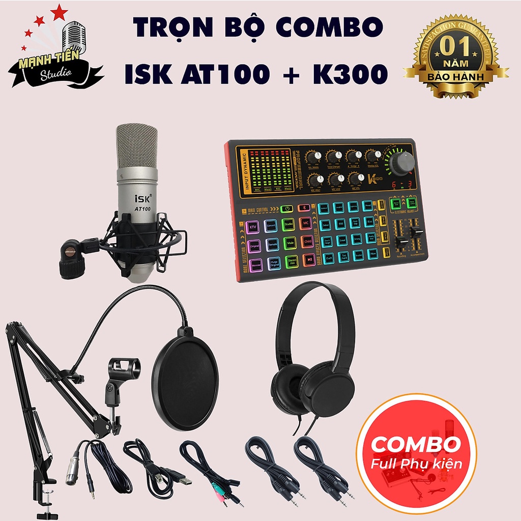 Bộ livetream thu âm Soundcard K300 Mic ISK AT100 auto tune đổi giọng hát karaoke online thu âm karaoke