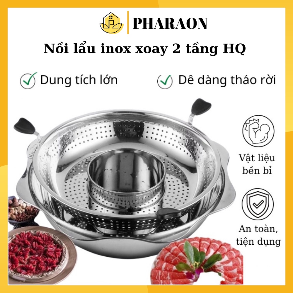 Nồi lẩu inox xoay 2 tầng Hàn Quốc Nồi lẩu inox 2 tầng dùng được cả bếp từ và bếp gas - Minh