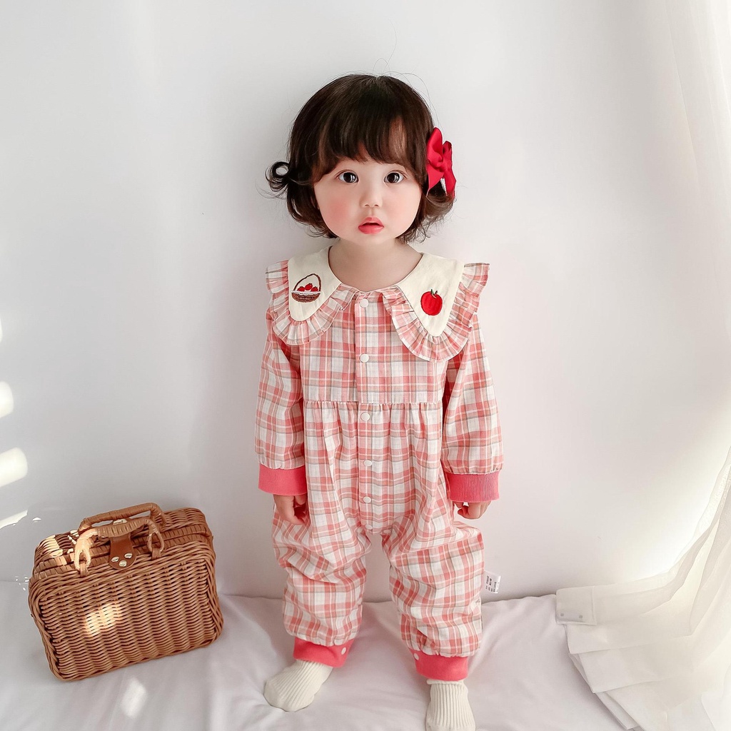 Áo Liền Quần Tay Dài Cổ Búp Bê Họa Tiết Caro Dễ Thương Cho Bé Gái Sơ Sinh 0-18 Tháng Tuổi